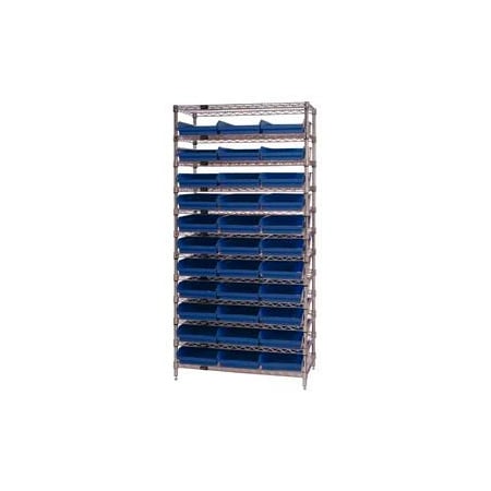 Global Industrial Chrome Wire Shelving with 33 4inH Plastic Shelf Bins Blue, 36x18x74 268975BL